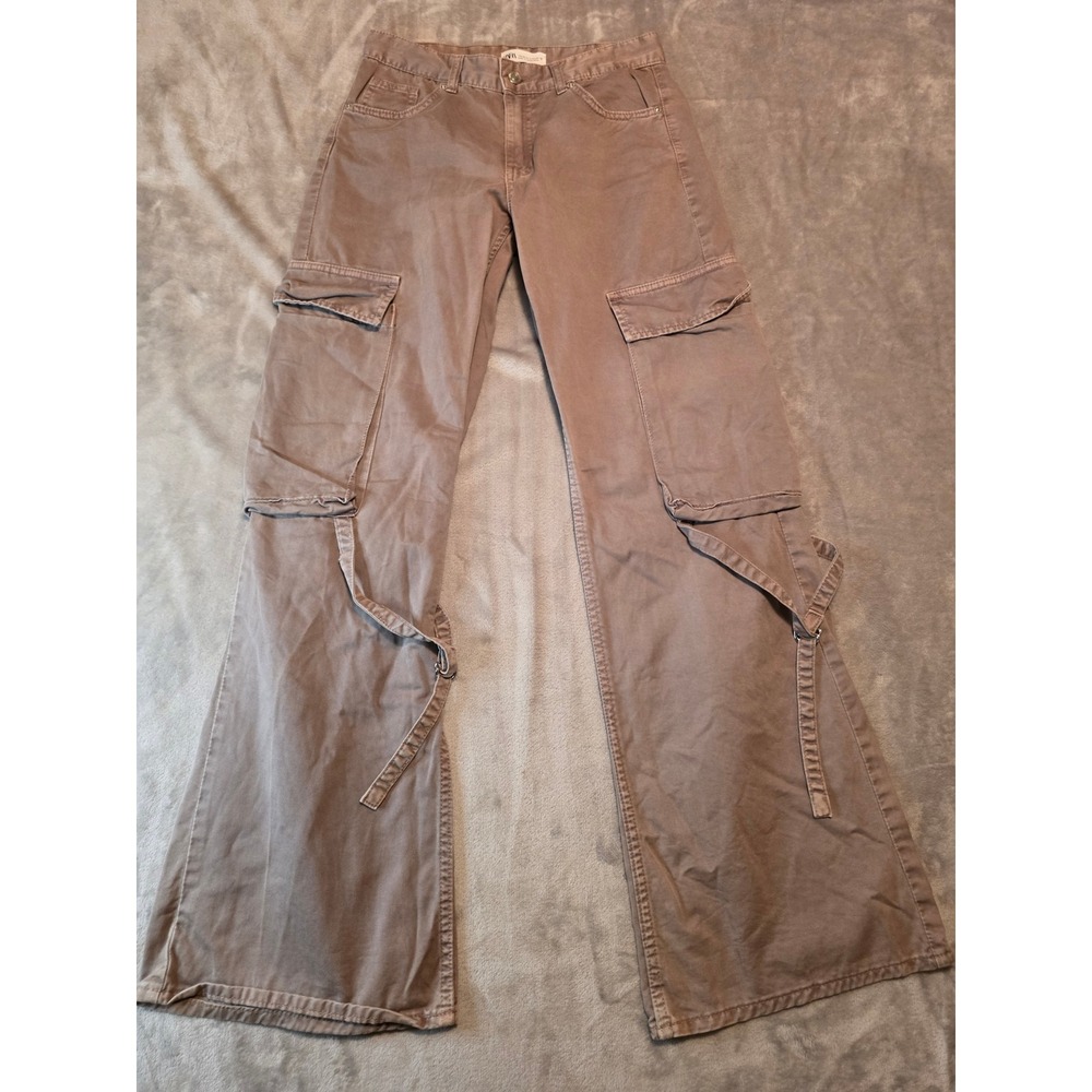 Zara Cargo Pants Women Size 2 Brown Wide Leg Strap Detail Low Rise Utility